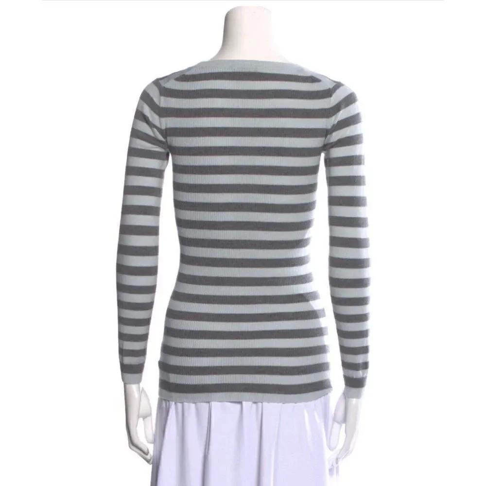 Theory Authentic Light Blue Gray Striped Long Sleeve Wool Top Sweater Small